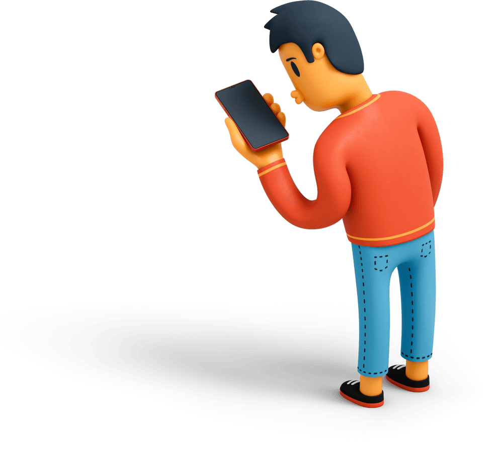 Illustration of a 3D character holding a mobile phone